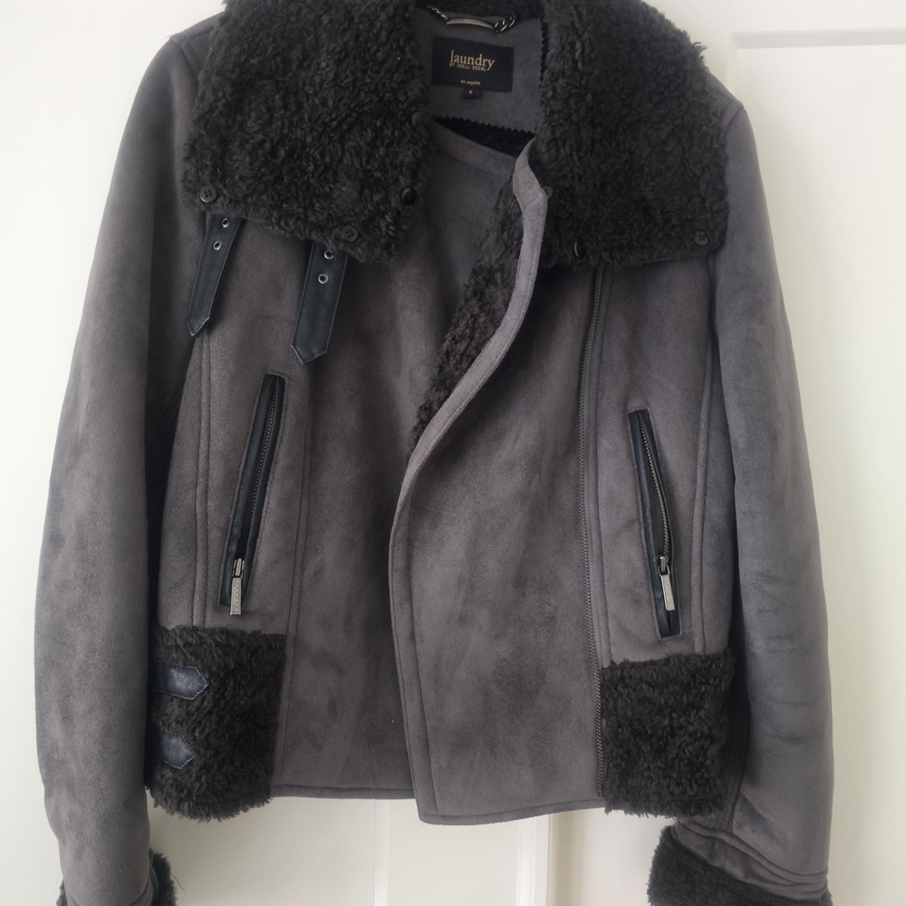 Laundry By Shelli Segal Dark Gray Faux Shearling Aviator Jacket